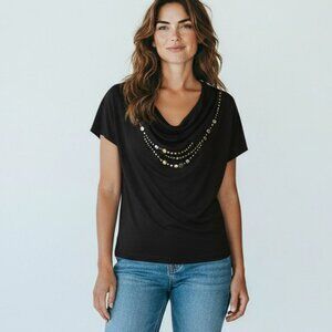 VTG Chaus Womens Petite Large Black Studded Cowl Neck Short Sleeve Top Shirt PL